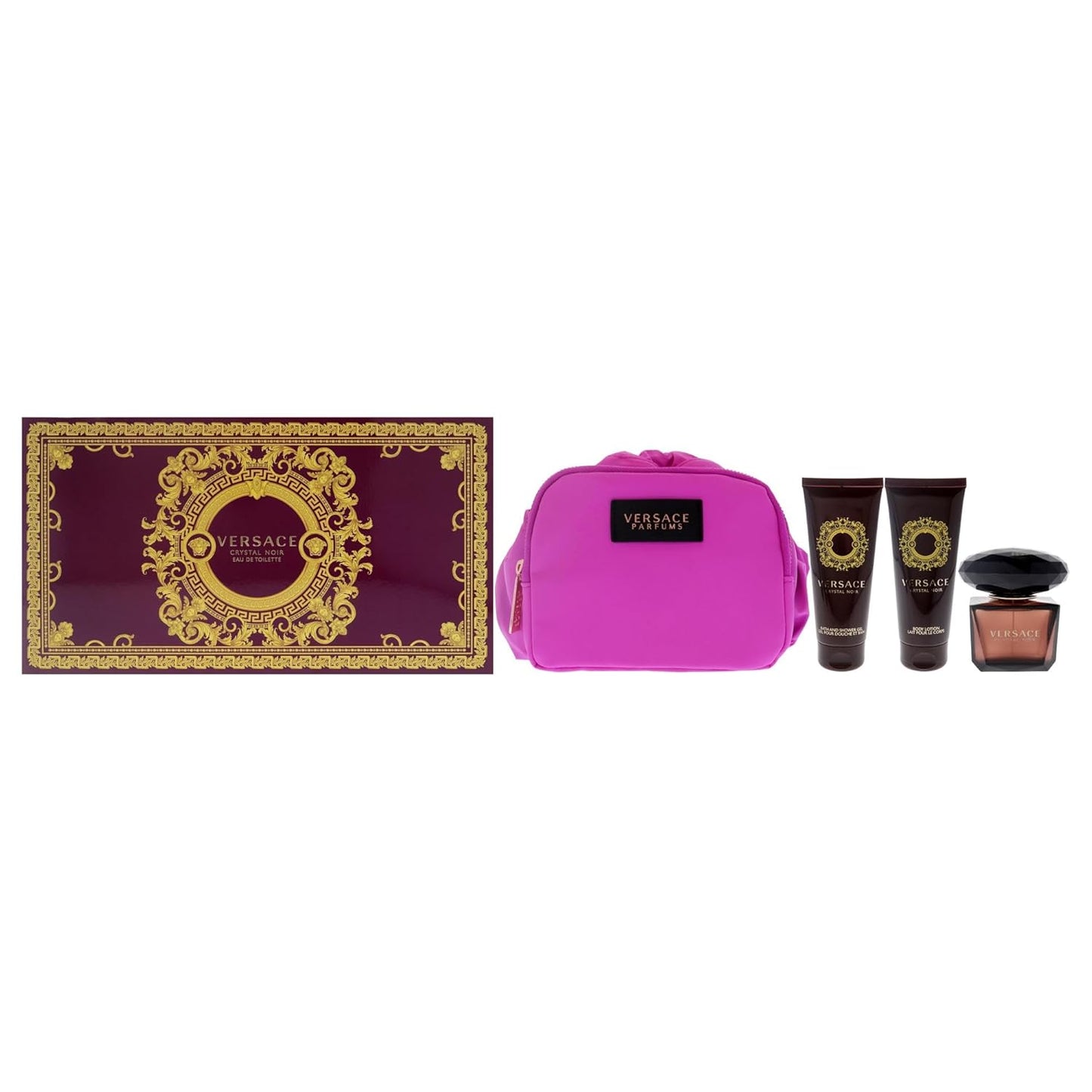 Versace Crystal Noir 4-Piece Gift Set for Women – 3.0 oz EDP Spray, 0.17 oz Mini EDP, 3.4 oz Body Lotion, and 3.4 oz Shower Gel (Hard Box).