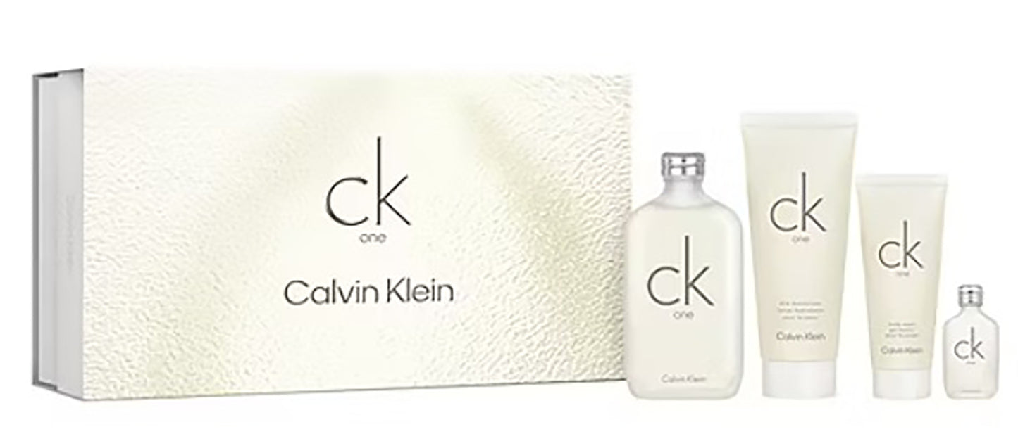 Calvin Klein CK One 4-Piece Set: 6.7 oz EDT, 6.8 oz Body Lotion, 3.4 oz Shower Gel, and Mini
