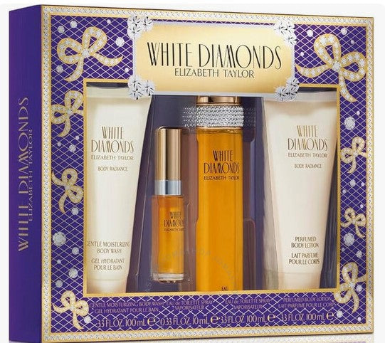 Elizabeth Taylor White Diamonds for Women 4-Piece Gift Set: 3.3 oz EDT Spray, 0.33 Oz Spray, 3.3 Oz Body Lotion, and 3.3 oz Body Wash