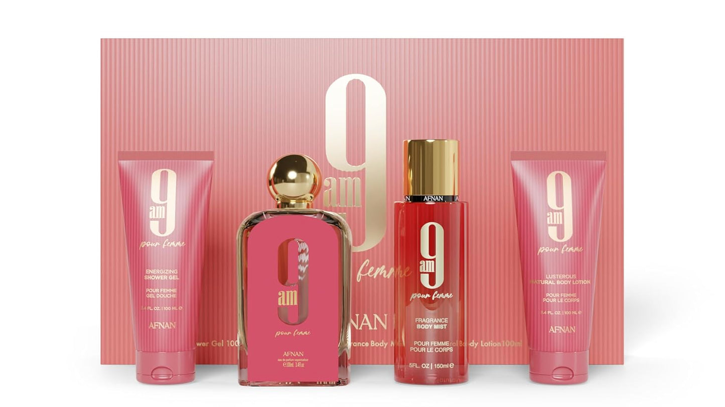 Afnan 9AM Femme 4-Piece Gift Set for Women – 3.4 oz EDP Spray, 3.4 oz Shower Gel, 3.4 oz Body Lotion, 5.0 oz Body Mist