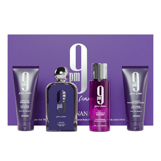 Afnan 9PM Femme Gift Set for Women – 4-Piece Set: 3.4 oz EDP Spray, 3.4 oz Shower Gel, 3.4 oz Body Lotion, 5.0 oz Body Mist